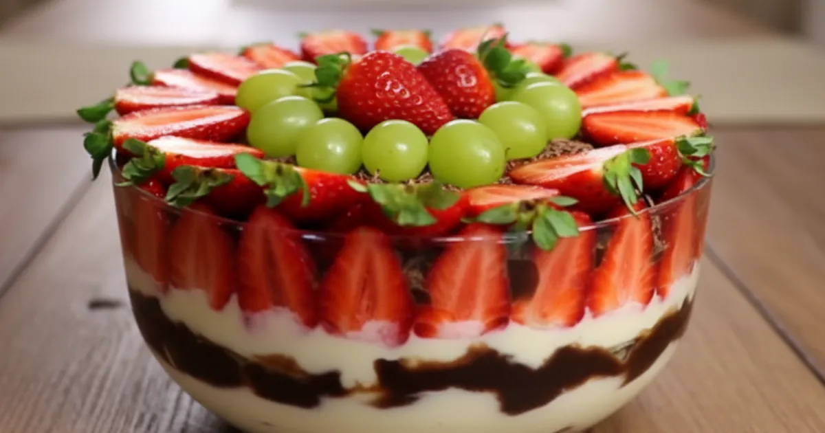 Sobremesa natalina de creme com morango, uva e chocolate irresistível
