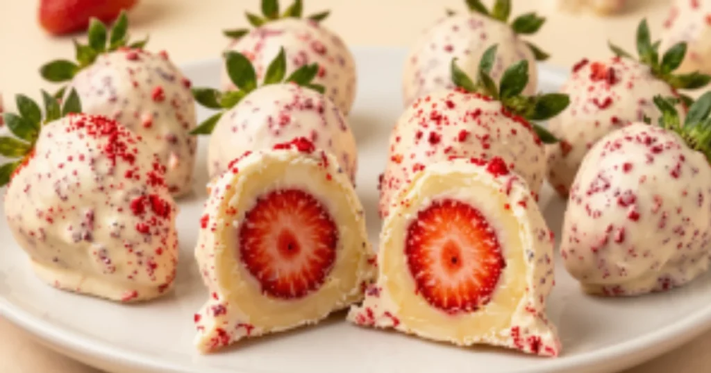 Morango cravejado receita crocante com brigadeiro branco e caramelo vermelho
